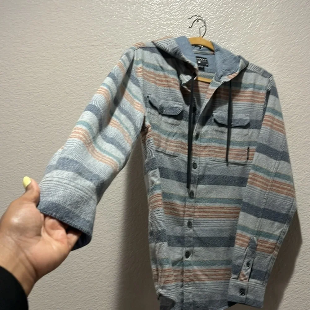 Men's Striped Hooded Jacket Button Down Gray‎ Blue Sz Small Casual